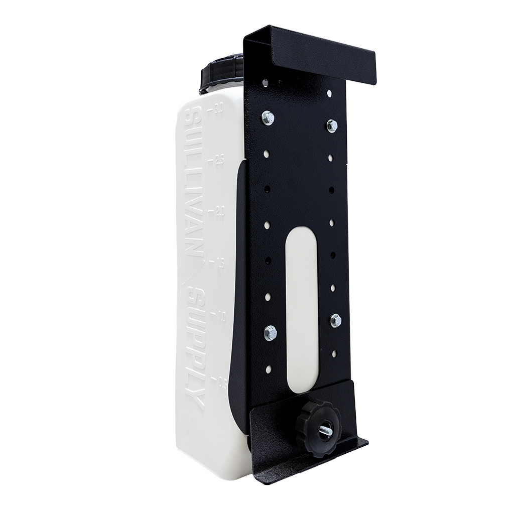 White bottle with black metal bracket on a white background