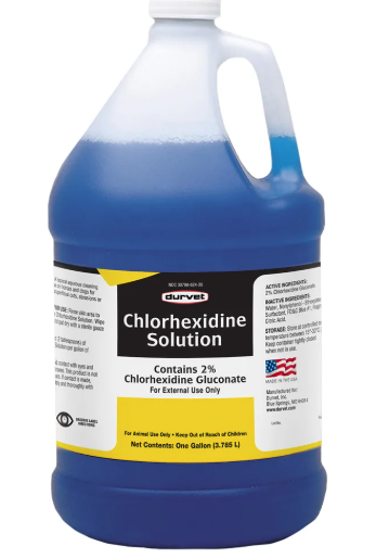 Gallon container of Durvet Chlorhexidine Solution on a white background