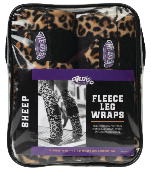 Packaged Weaver fleece leg wraps with leopard print pattern on a white background