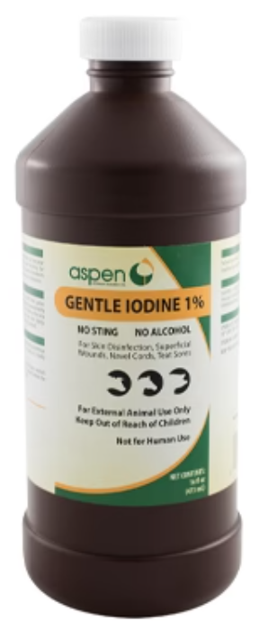 Bottle of Aspen Gentle Iodine 1% solution on a white background