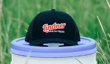 Black cap with 'Lindner Show Feeds' logo on a white cooler with purple lid against a grassy background