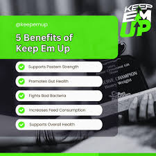 List of benefits of Keep Em Up with a person holding a product in the background.