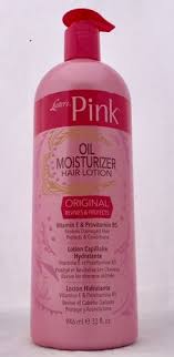 Pink bottle of Pink Oil Moisturizer Hair Lotion on a white background
