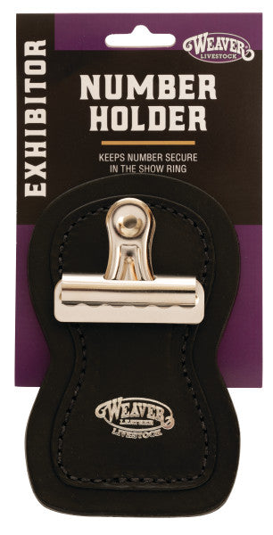 Weaver Livestock number holder packaging with black holder and gold clip on a purple background.