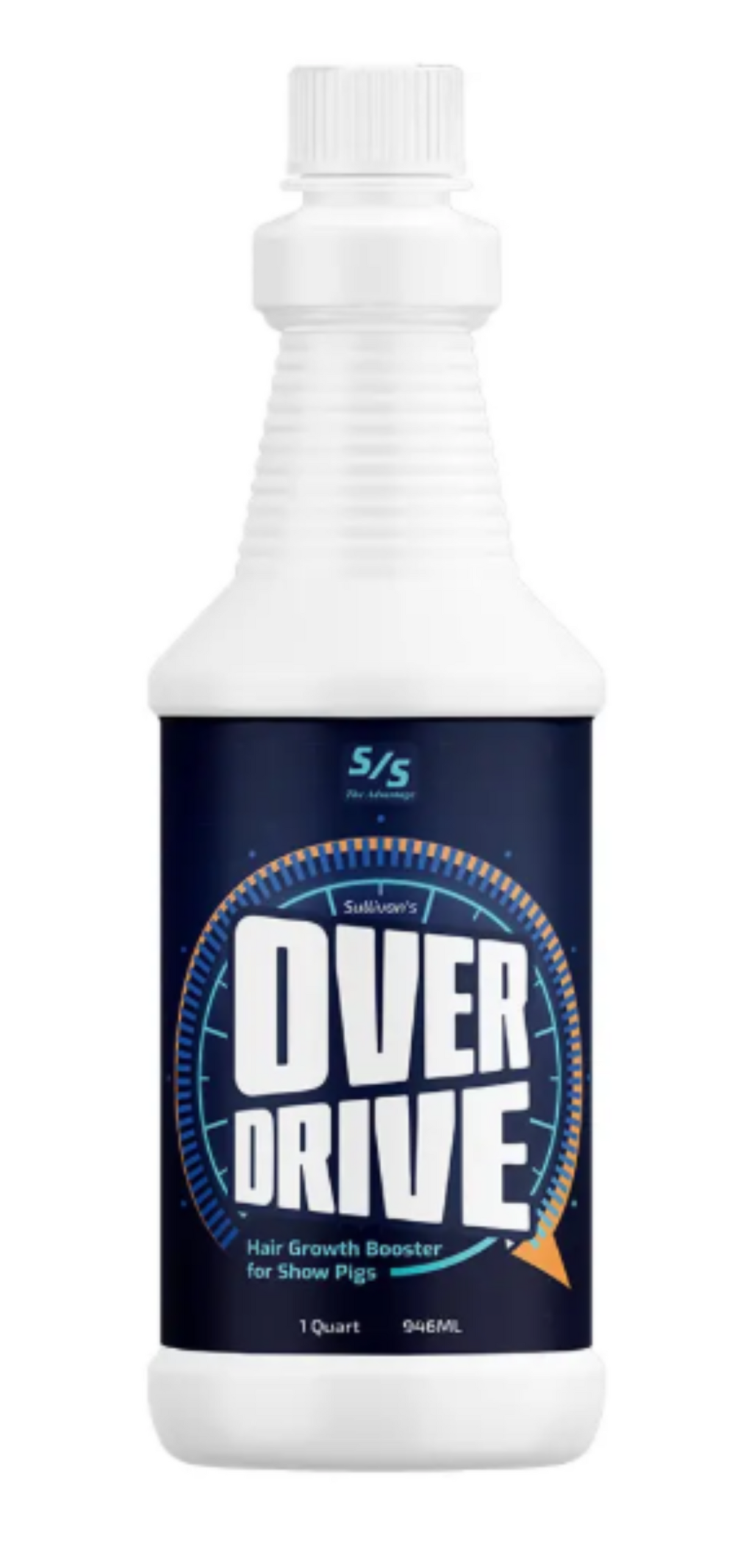 White bottle of 'OverDrive' hair growth booster for show pigs on a white background