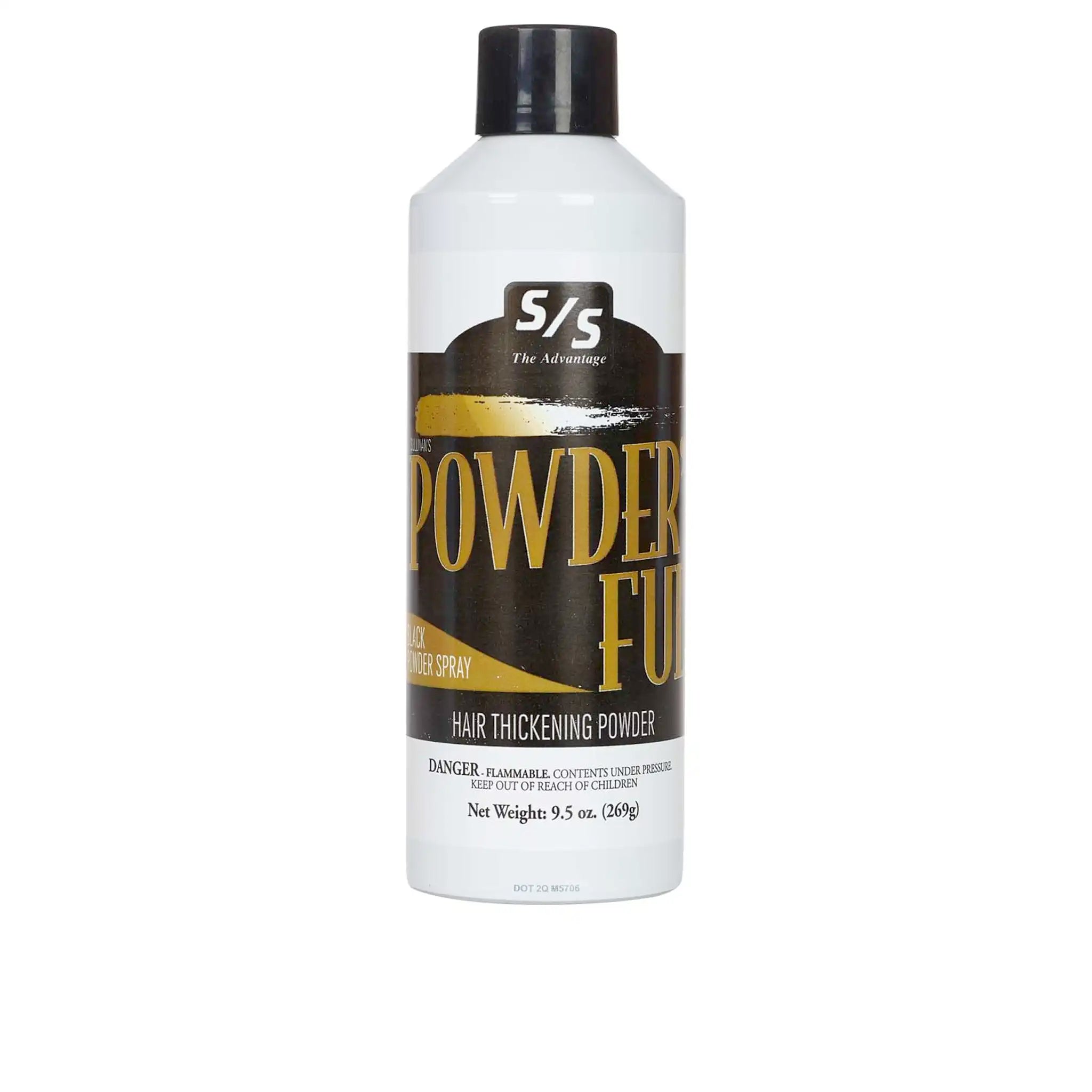 Hair thickening powder spray bottle with black and gold label on a white background