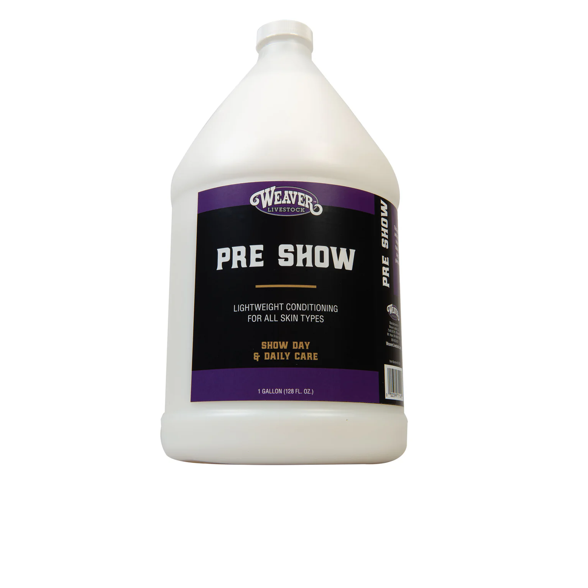 White bottle of Weaver Pre Show product with a purple label on a white background