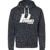 Black leopard print hoodie with white Primo Feed logo on a white background