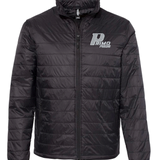 Black puffer jacket with a logo on the chest against a white background