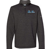 Dark gray pullover with a logo on the chest against a white background