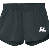 Black athletic shorts with a logo on the left leg against a black background