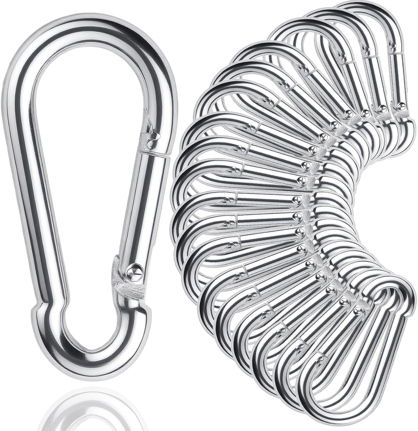 Set of metal carabiners on a white background
