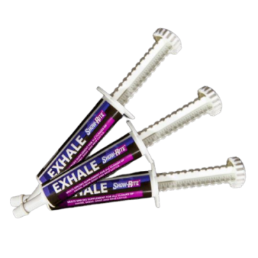 Three 'Exhale' syringes with purple labels on a white background
