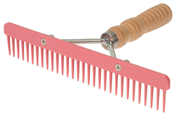 Pink comb with wooden handle on a white background
