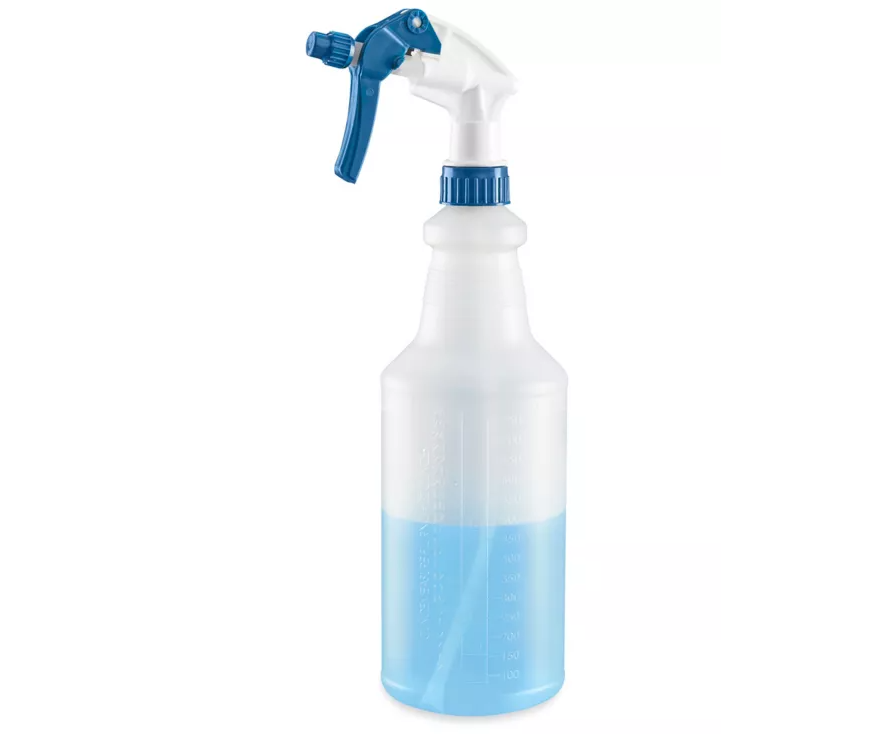 A translucent white plastic spray bottle with a blue trigger sprayer and a blue cap, partially filled with light blue liquid, shown on a white background.