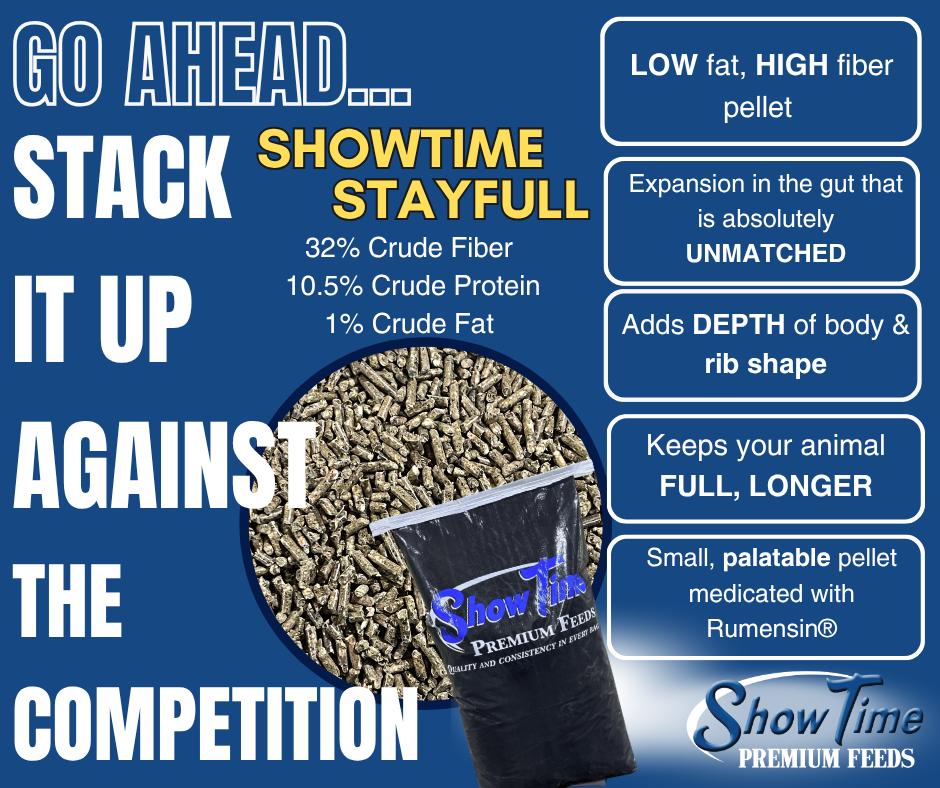 ShowTime premium feeds packaging with text and product image on a blue background