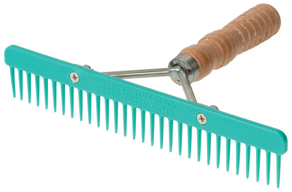Teal comb with wooden handle on a white background