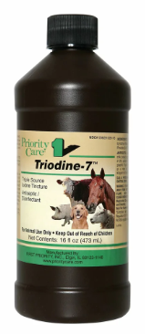 Bottle of Triodine-7 supplement for animals with text and images on the label.