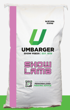 Umbarger Show Lamb feed bag with a pink stripe on a white background