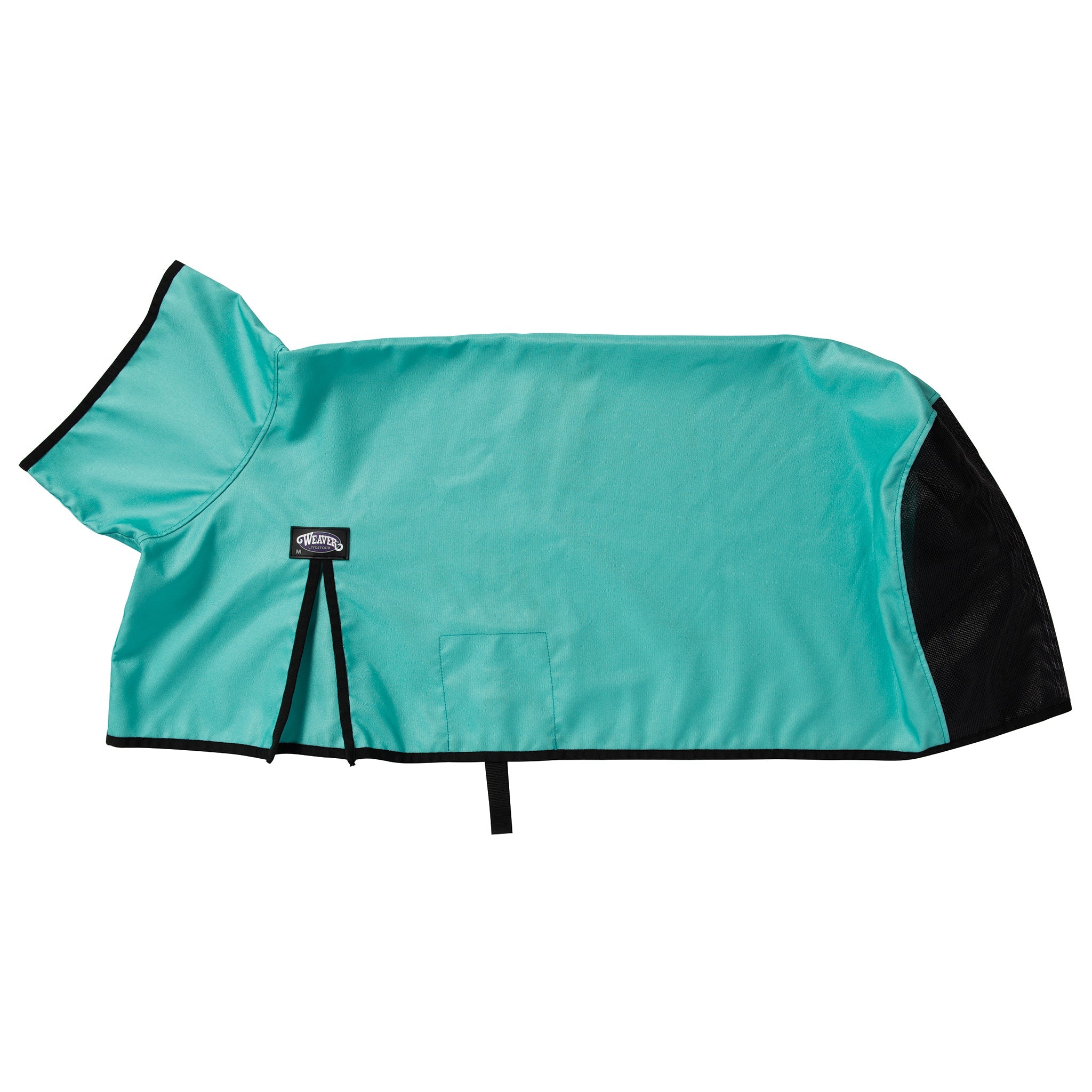 Teal goat blanket with black trim on a white background