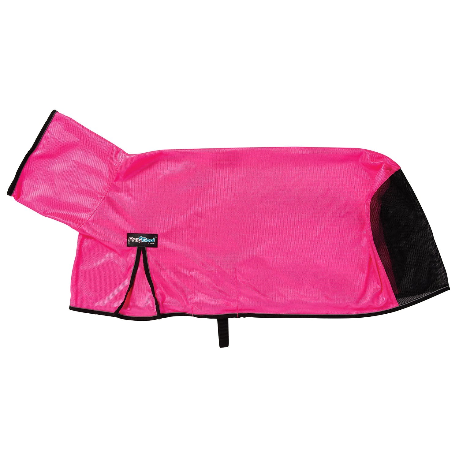Pink goat coat with black trim on a white background