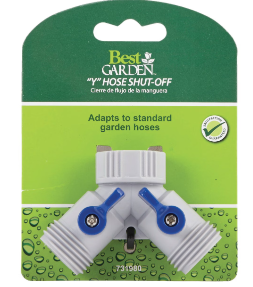 Best Garden 'Y' Hose Shut-Off on a green packaging with brand logo.