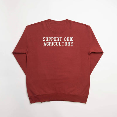 Red sweatshirt with 'Support Ohio Agriculture' text on a white background