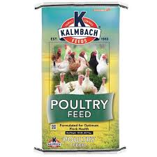 Kalm Bach Poultry Feed container with images of chickens on a blue background