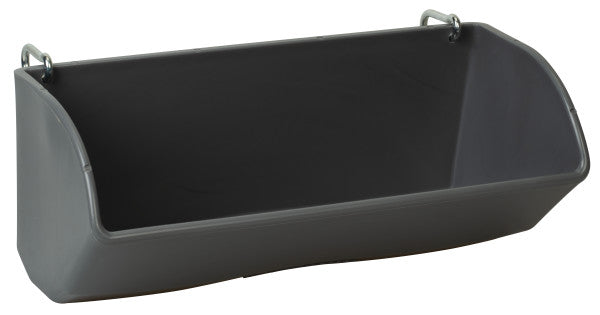 Black plastic bin with metal brackets on a white background