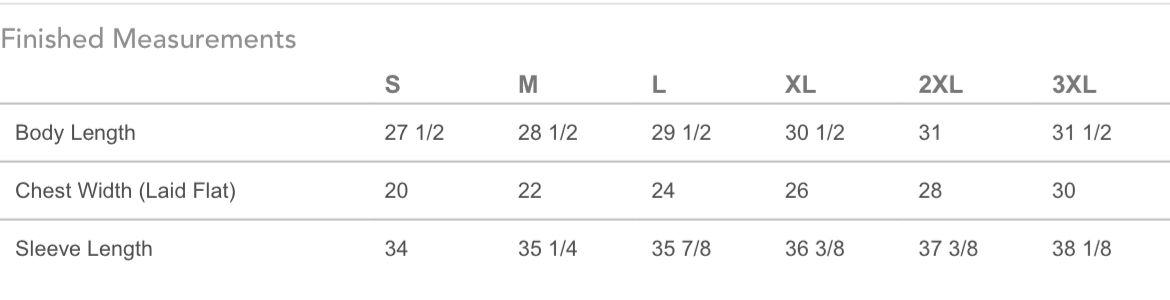 Measurement chart for clothing sizes S to 3XL with body length, chest width, and sleeve length dimensions.