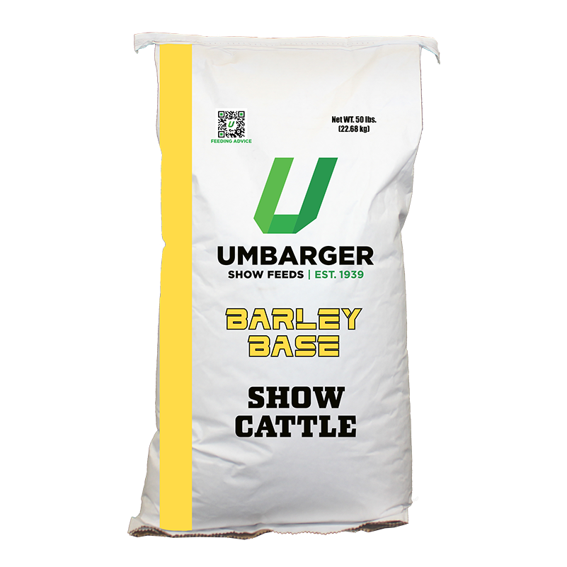 Umbarger Barley Base Show Cattle feed bag on a white background