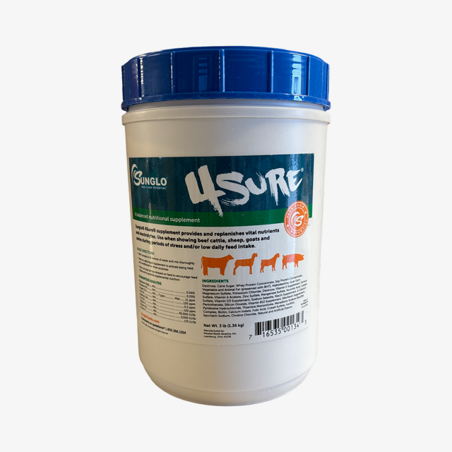 4Sure supplement container with blue lid on a white background