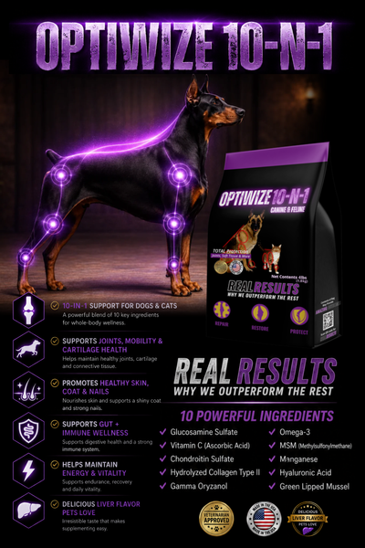 Promotional graphic for Optiwize 10-N-1 dog supplement, featuring a black bag of dog food with purple branding, a glowing dog illustration with purple highlighted bones, and a list of 10 powerful ingredients on a dark background.