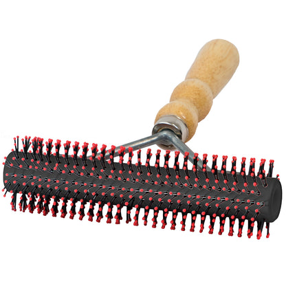Hairbrush with black bristles and red accents on a white background