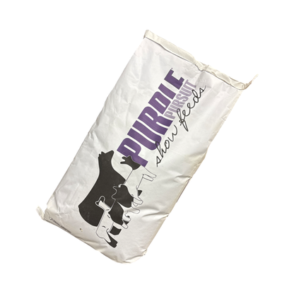 White bag with black and purple text and graphics on a white background
