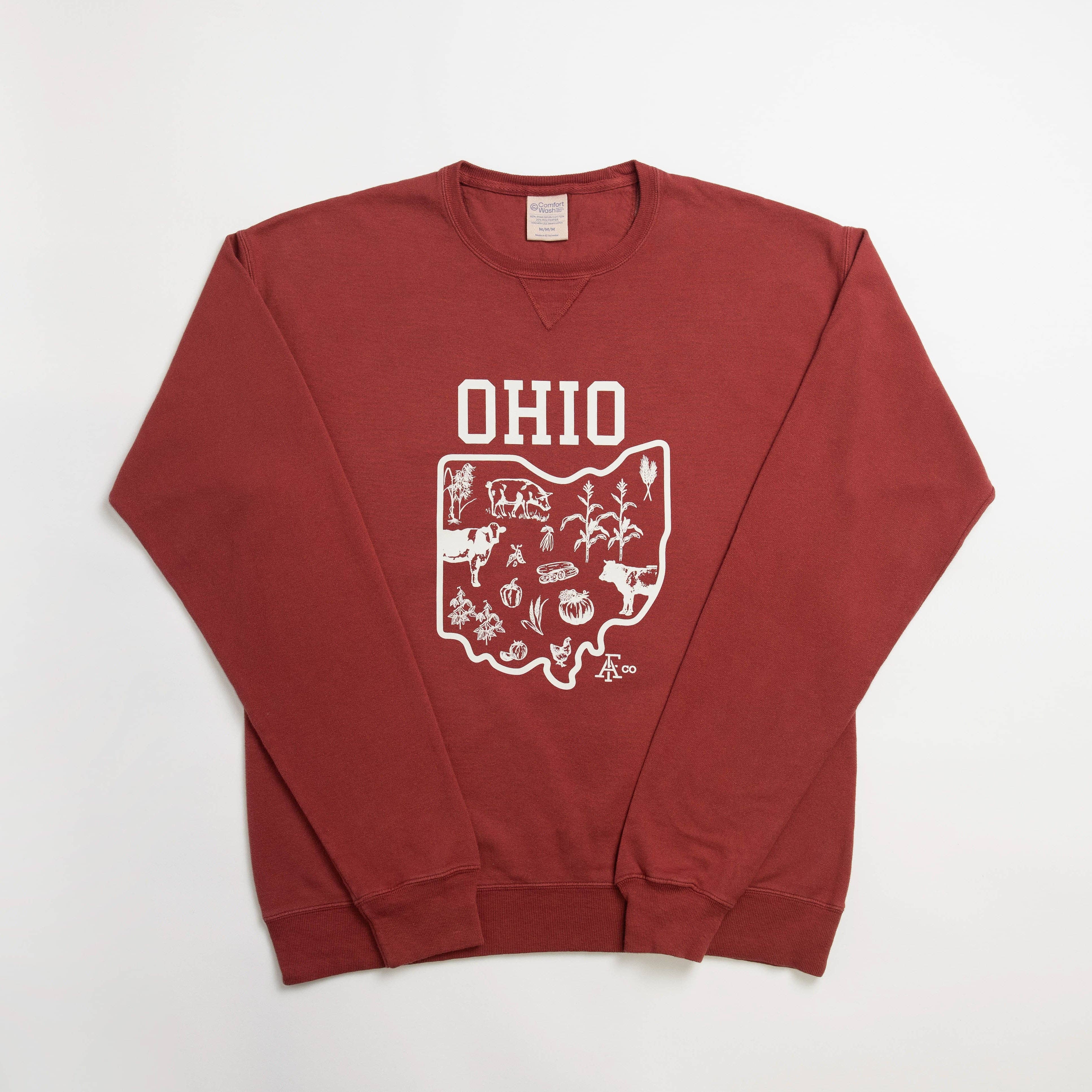 Red sweatshirt with 'OHIO' and a map design on a white background