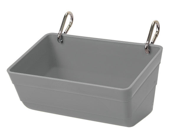 Gray plastic basket with metal handles on a white background