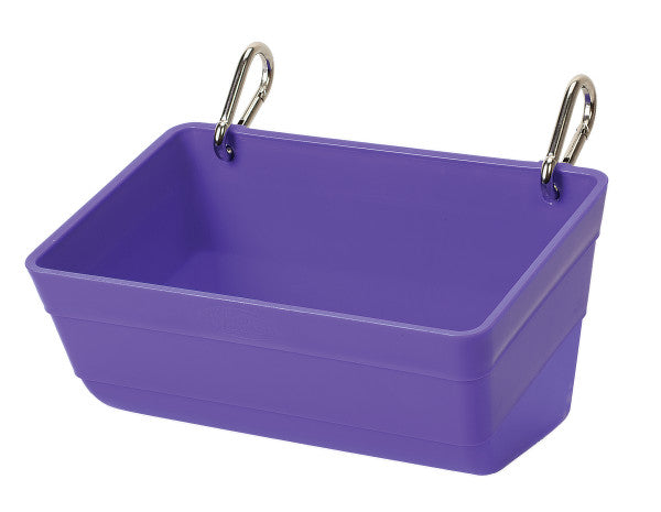 Purple plastic container with metal hooks on a white background