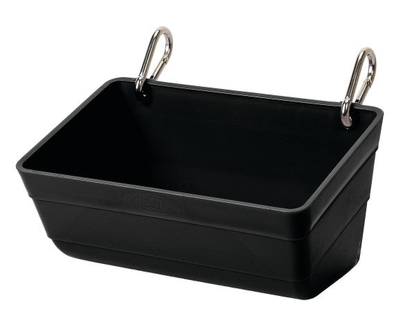 Black rectangular container with metal handles on a white background