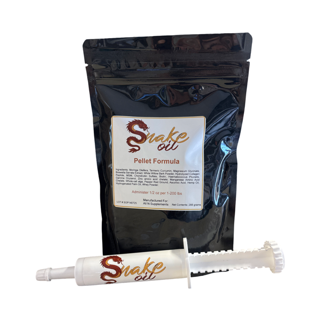 Black packaging with 'Snake Oil' label and a white syringe on a white background