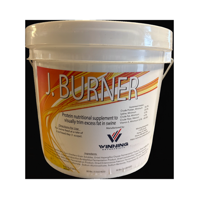 White bucket labeled 'J. Burner' with orange and black design on a white background