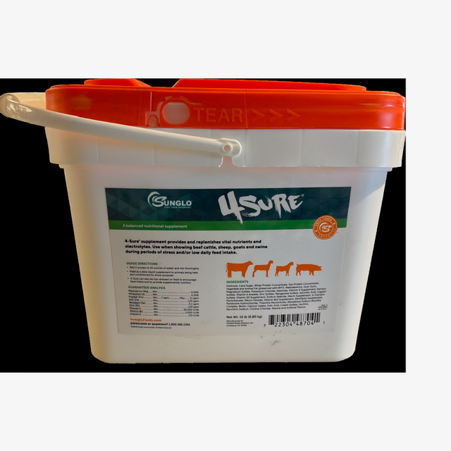 4Sure supplement bucket with orange lid on a white background