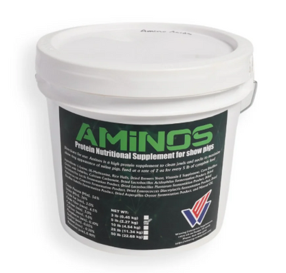White container labeled 'Aminos' with a green label on a white background
