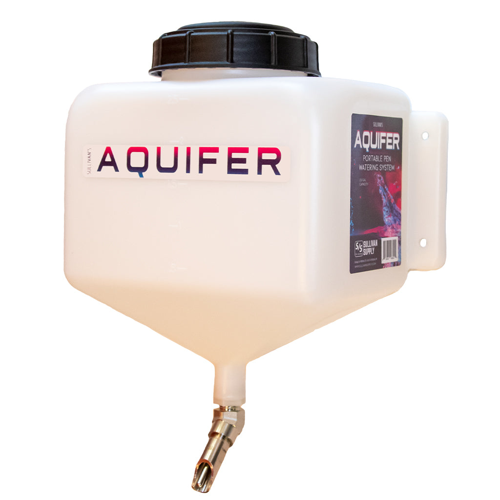 Aquifer water tank with a black lid and visible branding on a white background