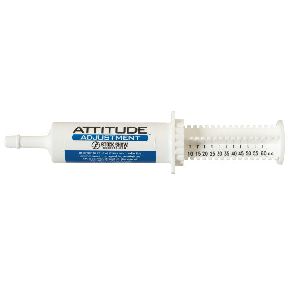Medication syringe with 'Attitude Adjustment' label on a white background