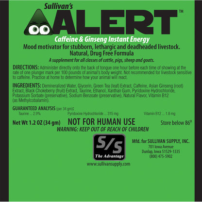 Sullivan's Alert caffeine and ginseng instant energy supplement label on a green background