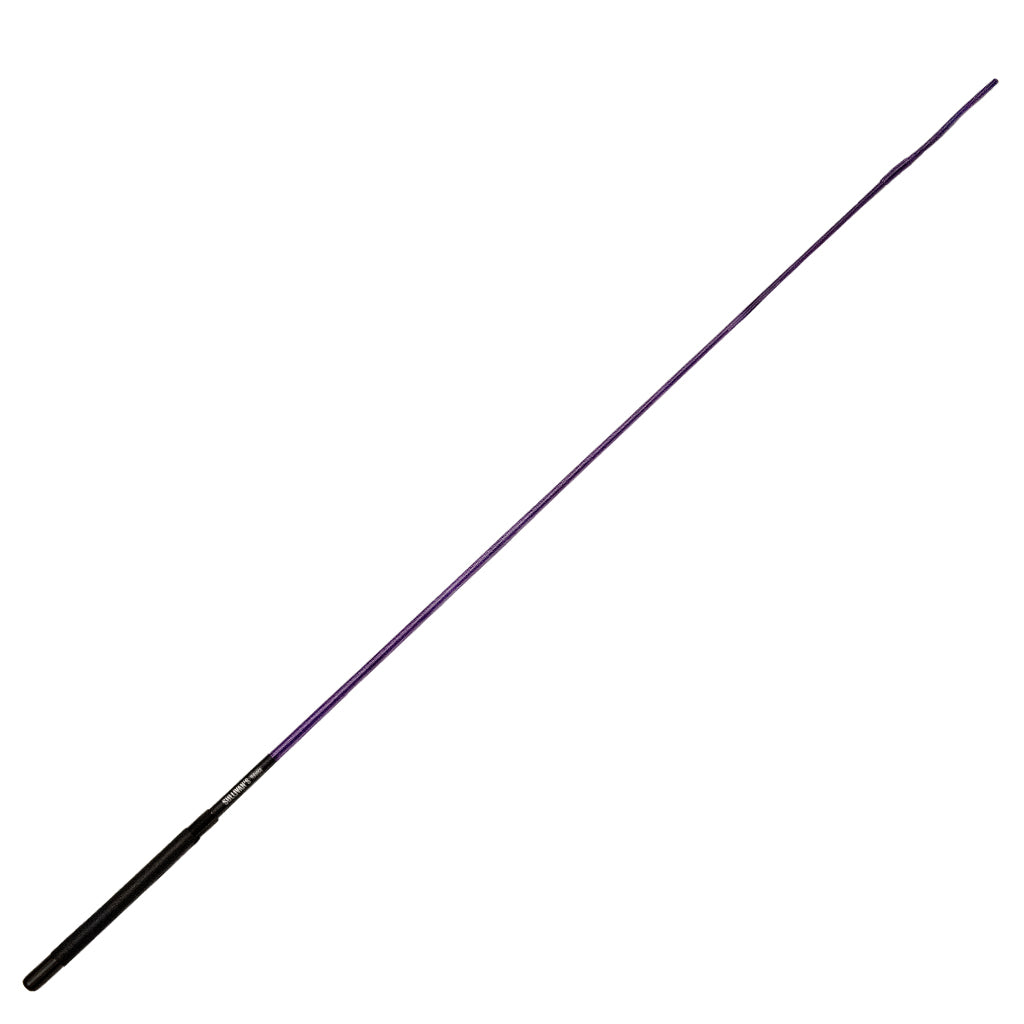 Long thin show whip with purple top and black bottom on a white background