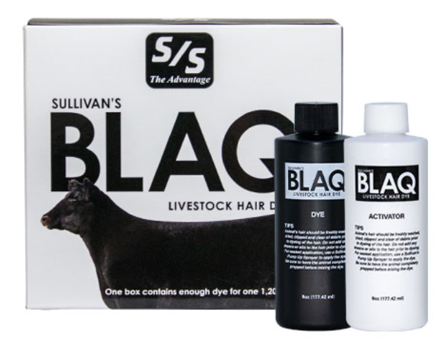 Sullivan's BLAQ Livestock Hair Dye kit including a white box with a black cow graphic, a black dye bottle, and a white activator bottle on a white background.