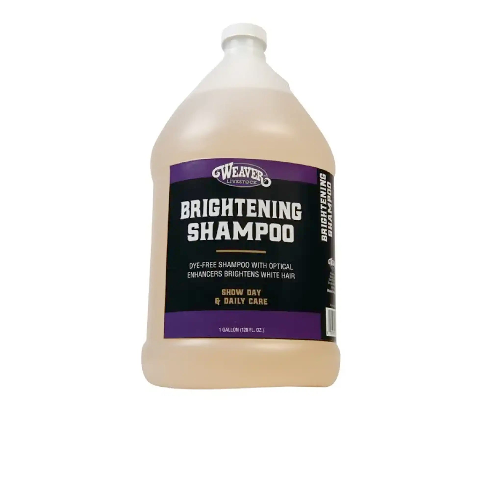 Gallon bottle of Weaver Brightening Shampoo on a white background