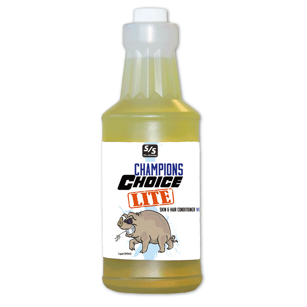 Bottle of 'Champions Choice Lite' skin and hair conditioner with a white label on a white background